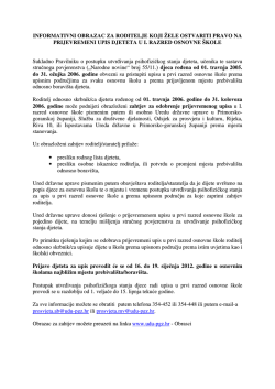 INFORMATIVNI OBRAZAC ZA RODITELJE KOJI ŽELE OSTVARITI