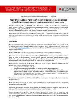 POZIV ZA PODNO&Scaron;ENJE PONUDA ZA PRODAJU 481.000