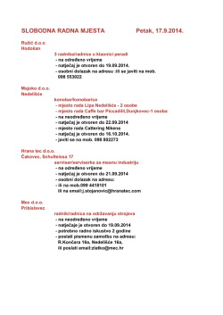 SLOBODNA RADNA MJESTA Petak, 17.9.2014.