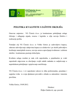 POLITIKA KVALITETE I ZA&Scaron;TITE OKOLI&Scaron;A