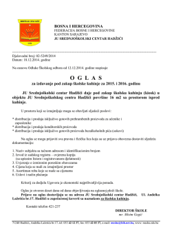 oglas za izdavanje pod zakup &scaron;kolske kuhinje za 2015. i 2016. godinu