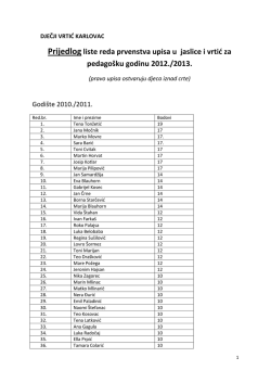 Prijedlog liste reda prvenstva u pisa u Dječji vrtić Karlovac x