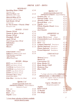 drink list - Sienna Restaurant