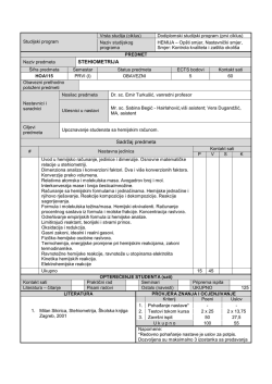 STEHIOMETRIJA Sadržaj predmeta