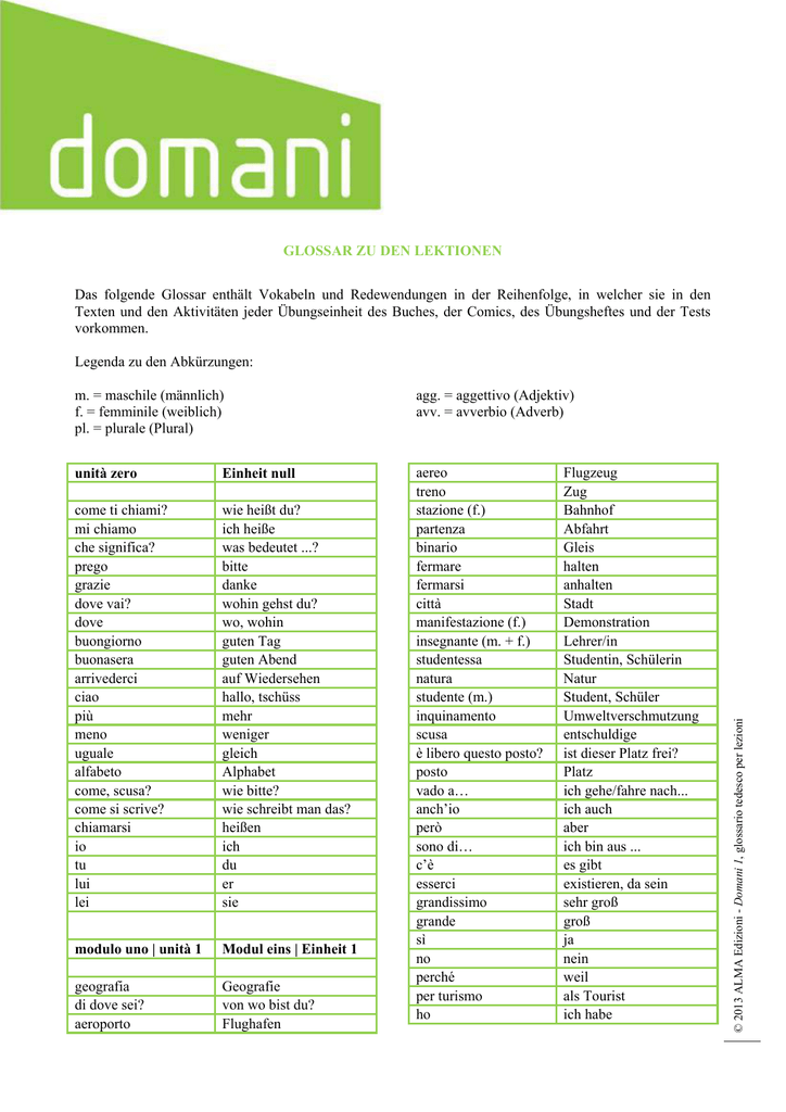 glossar zu den lektionen das folgende