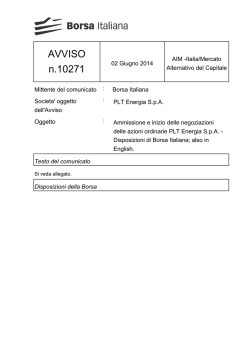 Ammissione e inizio delle negoziazioni delle azioni ordinarie PLT
