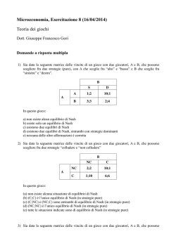 Microeconomia, Esercitazione 8 (16/04/2014) Teoria dei giochi