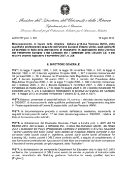 Decreto di riconoscimento in favore della Prof.ssa Vanessa IANNI