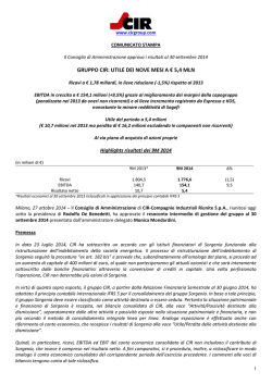 GRUPPO CIR: UTILE DEI NOVE MESI A &euro; 5,4 MLN
