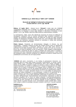 KINEXIA S.p.A. ESCE DALLA &ldquo;GREY LIST&rdquo; CONSOB Revocati gli
