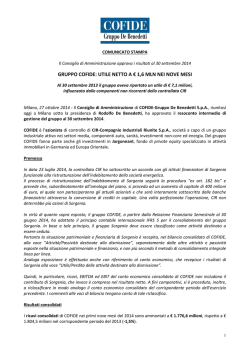 GRUPPO COFIDE: UTILE NETTO A &euro; 1,6 MLN NEI NOVE MESI