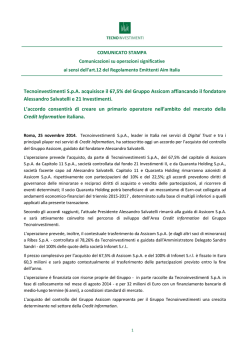 Tecnoinvestimenti S.p.A. acquisisce il 67,5% del Gruppo Assicom