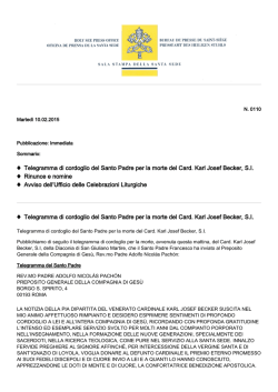 Telegramma di cordoglio del Santo Padre per la morte del Card