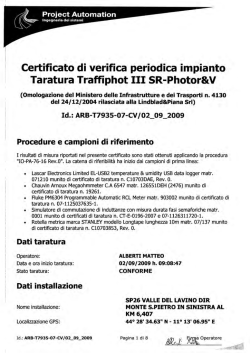 Certificato di verifica periodica impianto Taratura Traffiphot III SR