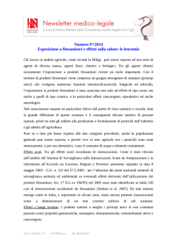 Numero 9&deg;/2014 Esposizione a fitosanitari e effetti sulla salute
