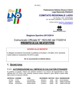 Comunicato Ufficiale N&deg; 182/LND del 7/3/2014 PRONTO A.I.A.