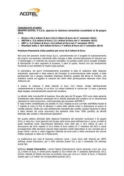 Il CdA approva la Relazione finanziaria al 30 Giugno 2014