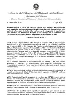 Decreto di riconoscimento in favore del Prof. Eugenio Maria ROVEDA