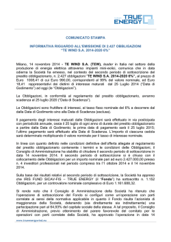 Emissione di 2.427 obbligazioni &ldquo;TE Wind 2014-2020 6%&rdquo; - AIM