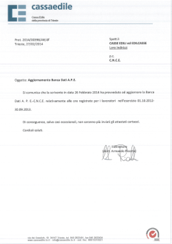 AGGIORNAMENTO BANCA DATI A.P.E. IN C.N.C.E.