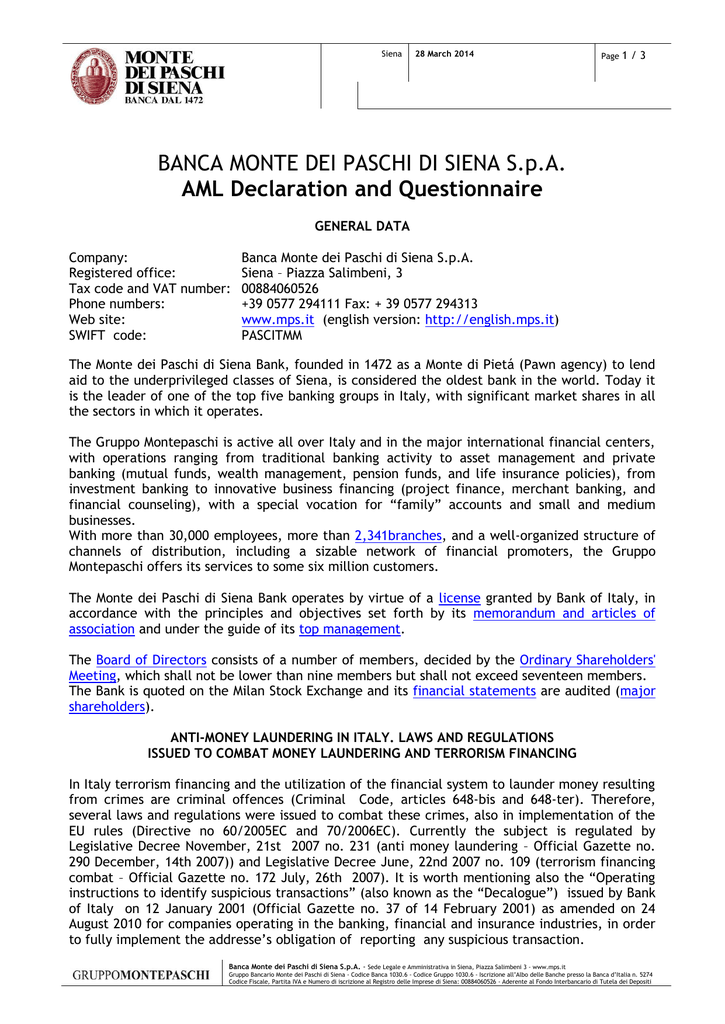 Aml Declaration And Questionnaire