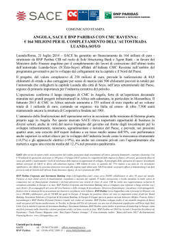 ANGOLA, SACE E BNP PARIBAS CON CMC RAVENNA: &euro; 164