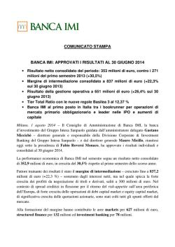 comunicato stampa banca imi: approvati i risultati al 30 giugno 2014