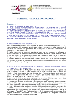 NOTIZIARIO SINDACALE 29 GENNAIO 2014 Sommario