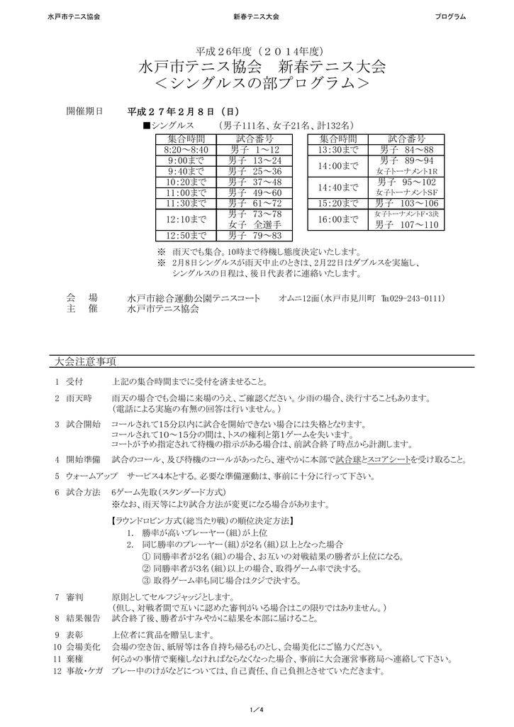 水戸市テニス協会 新春テニス大会 シングルスの部プログラム