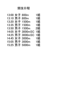 13:00 女子 800m 1組 13:10 男子 800m 1組 13:20 女子 1500m 1組
