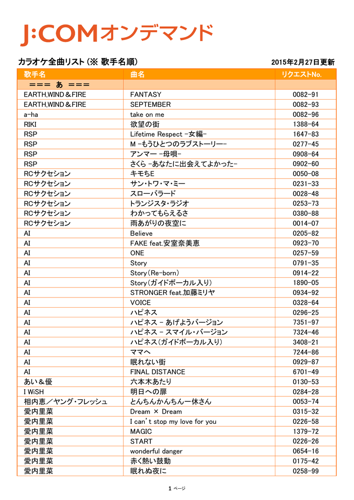 カラオケ全曲リスト 歌手名順