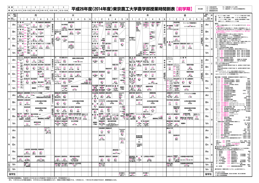 平成26年度 14年度 東京農工大学農学部授業時間割表 前学期