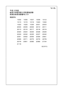 前期合格者受験番号リスト 岐阜大学医学部入学者選抜試験 平成 27年度