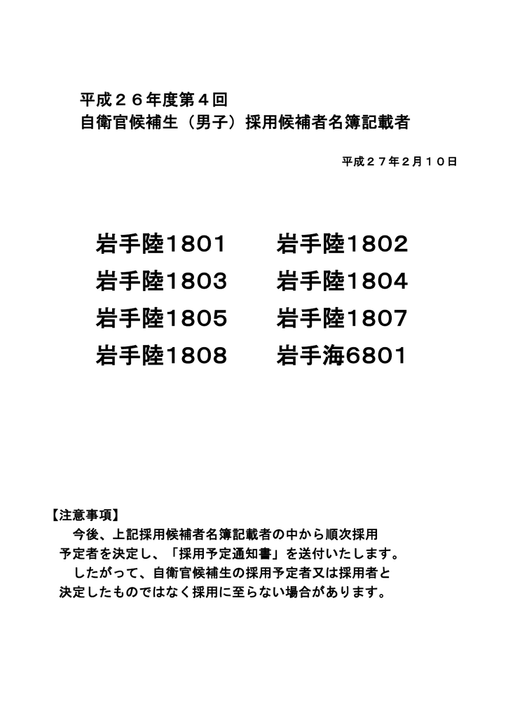 平成26年度第4回自衛隊候補生 男子 採用候補者名簿記載者