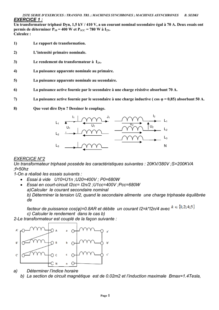 Exercice 1 Exercice N 2 Un Transformateur Triphase