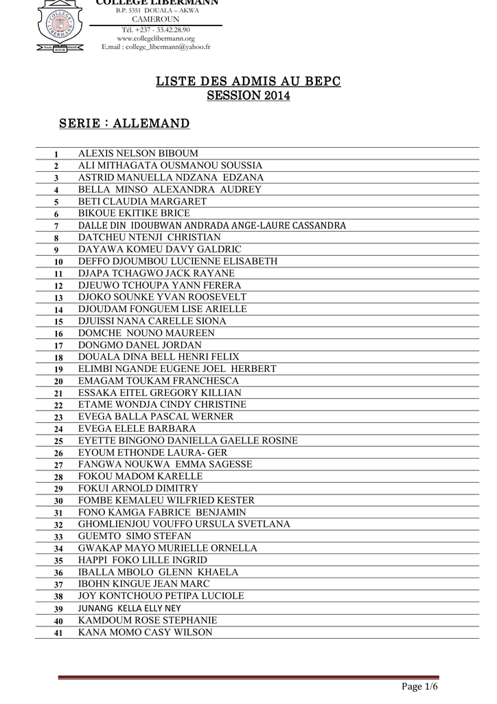 Liste Des Admis Au Bepc College Libermann Douala Cameroun