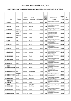 MASTERE IRH- Rentr&eacute;e 2014 /2015 LISTE DES