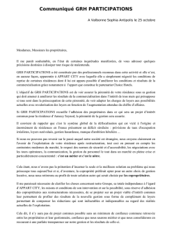 Communiqu&eacute; GRH PARTICIPATIONS