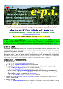e-Paroisse Info N&deg;279 du 13 f&eacute;vrier au 21 f&eacute;vrier 2016