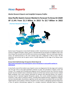 Asia-Pacific Gastric Cancer Market Is Forecast To Grow At CAGR Of 11.4% From $1.3 Billion In 2015 To $2.7 Billion In 2022
