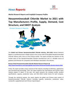 Hexaamminecobalt Chloride Market to 2021 with Top Manufacturers Profile, Supply, Demand, Cost Structure, and SWOT Analysis