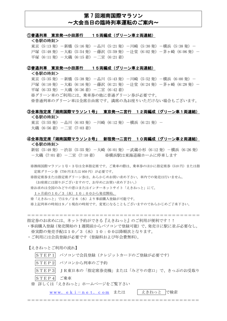 第 7 回湘南国際マラソン 大会当日の臨時列車運転のご案内