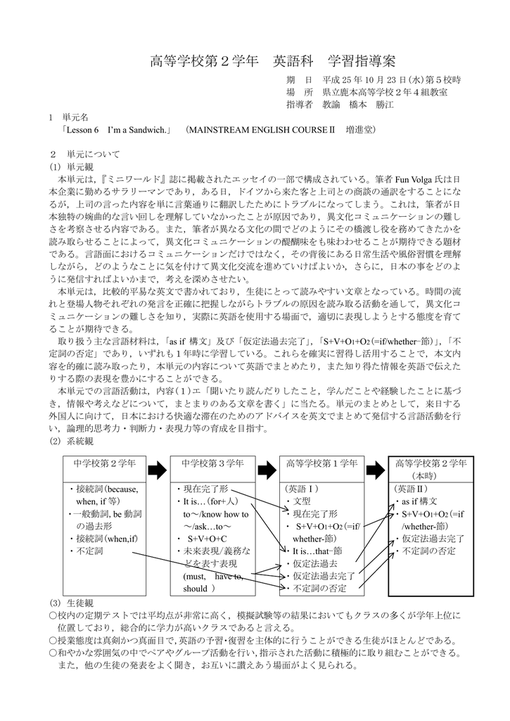 高等学校第2学年 英語科 学習指導案