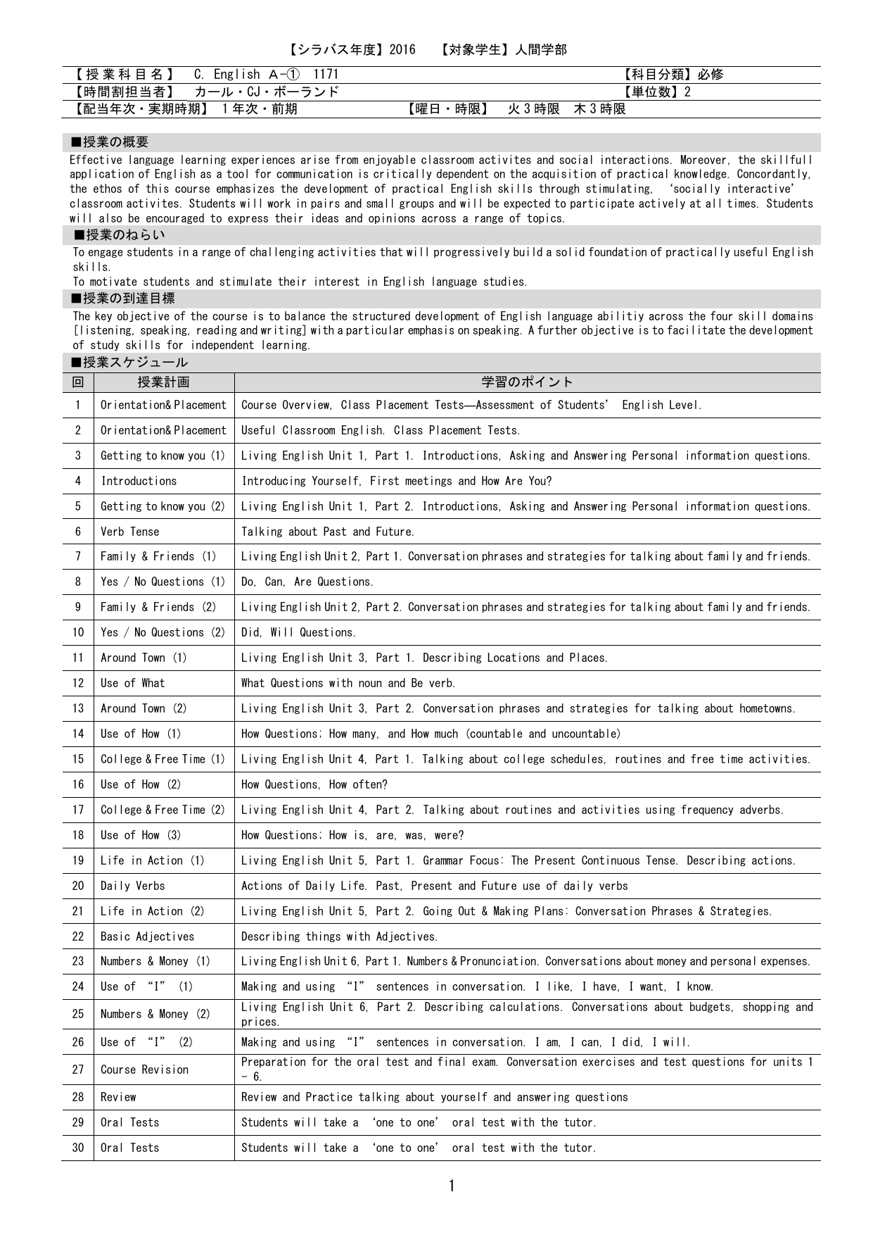 シラバス年度 16 対象学生 人間学部 授業科目名 C English A