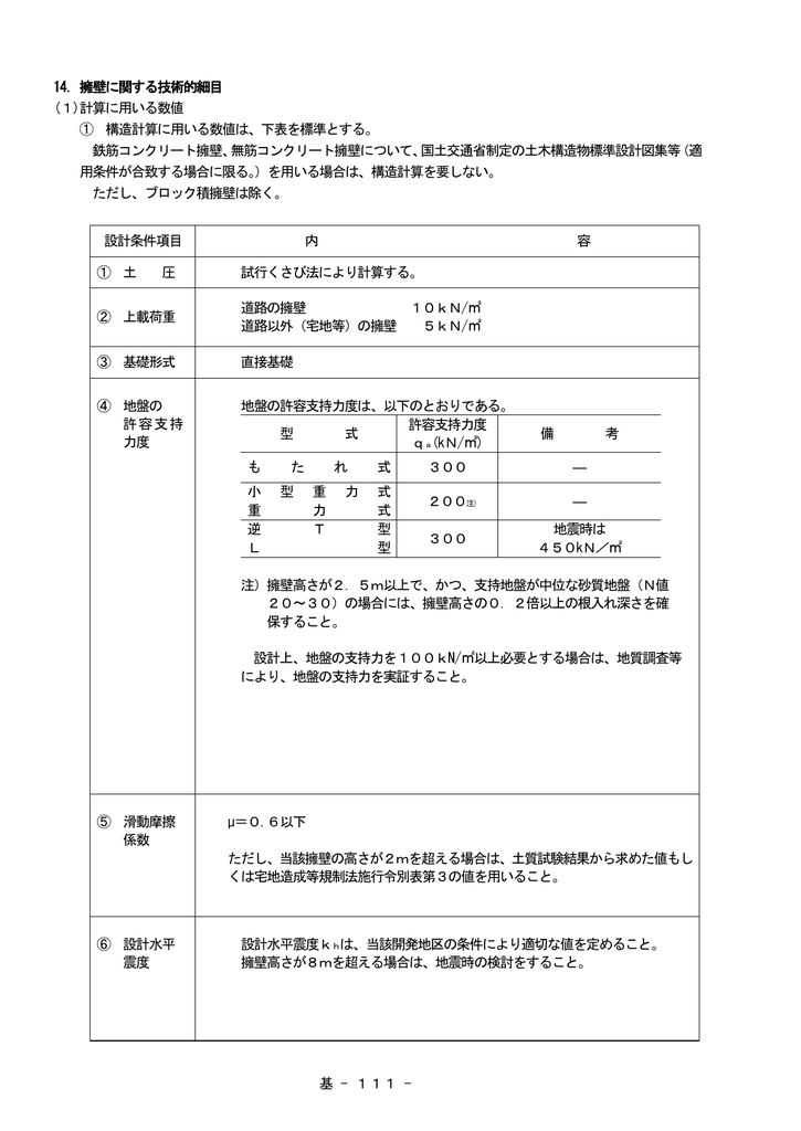 基 111 14 擁壁に関する技術的細目 1 計算に用いる数値 構造