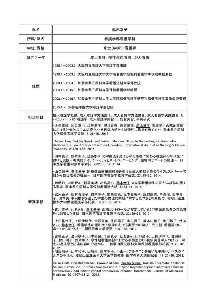 氏名 鈴木幸子 所属 職名 看護学部看護学科 学位