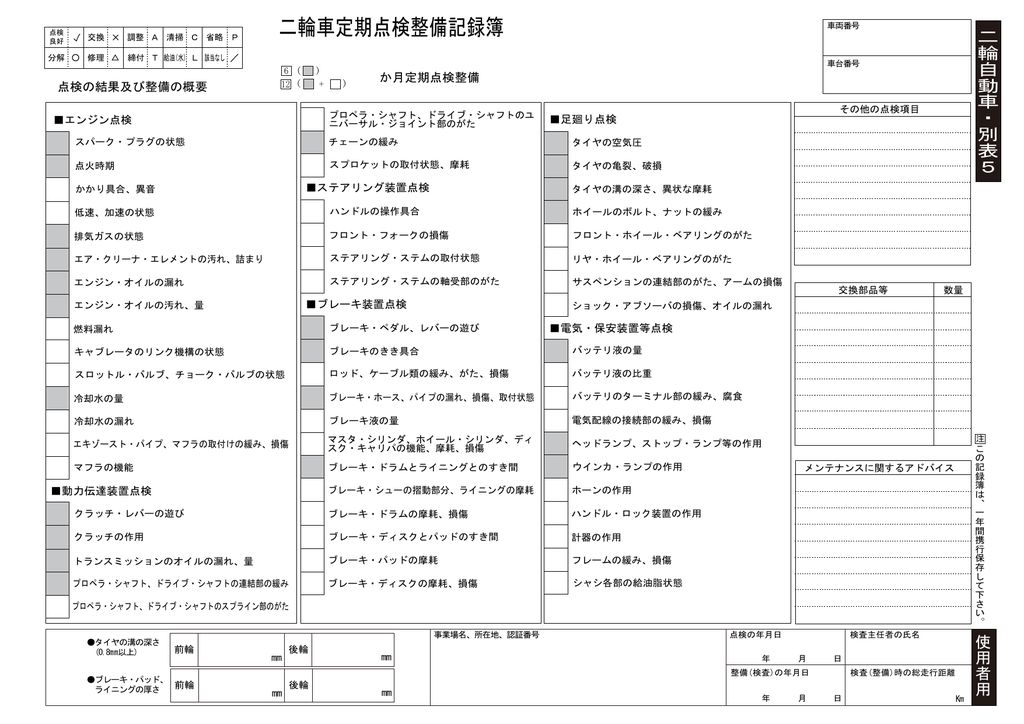 二輪車定期点検整備記録簿原本