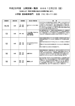 14,15 13 12 16 18 平成28年度 公開授業一覧表 12月2日（金）
