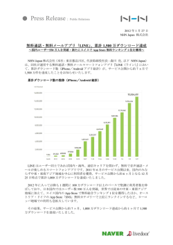 無料通話・無料メールアプリ「 LINE」、累計 」、累計 1,500 万ダウンロード