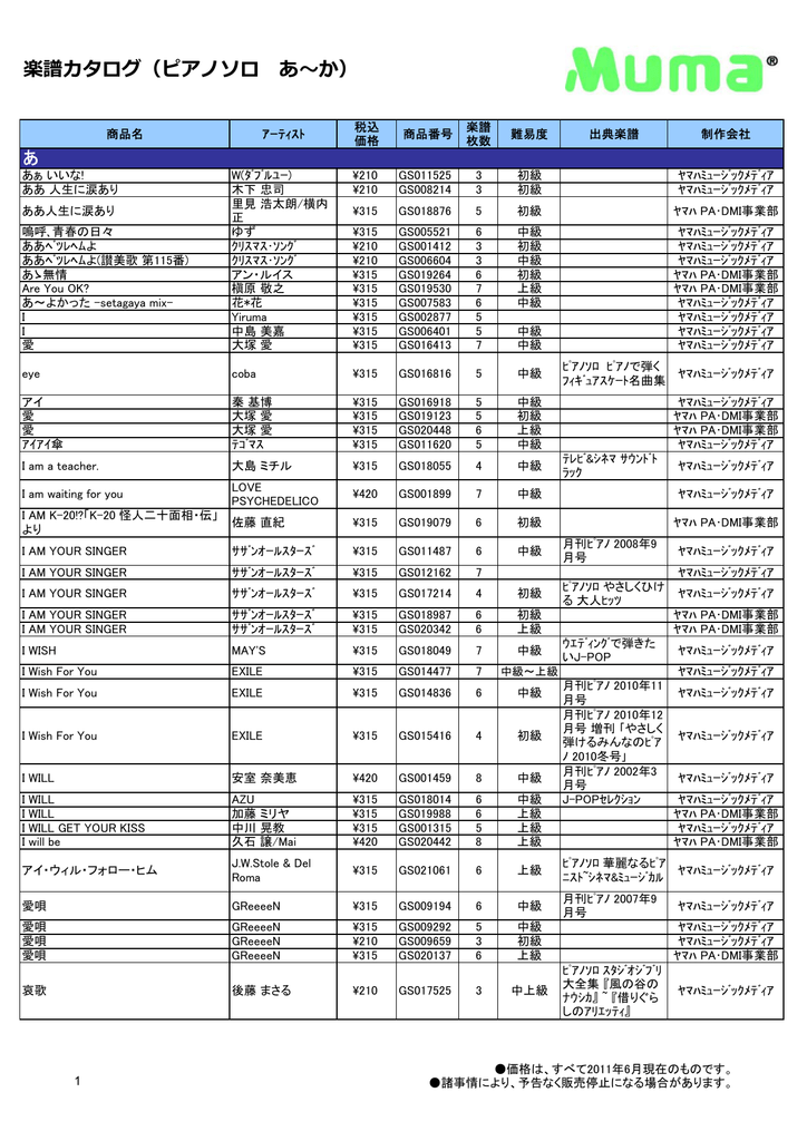 楽譜カタログ ピアノソロ あ か